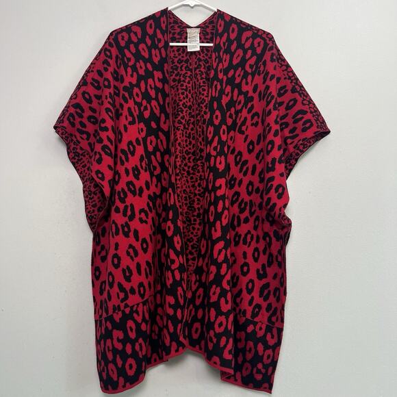 Chicos Womens S/M Animal Jacquard Black and Red Open Front cardigan Boho Resort - Picture 1 of 15